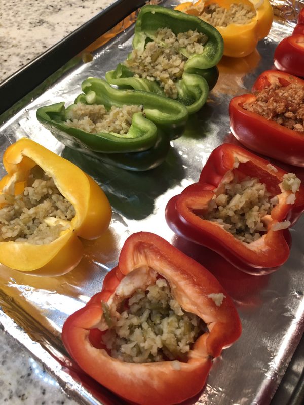 Stuffed Peppers with cauliflower green chile rice